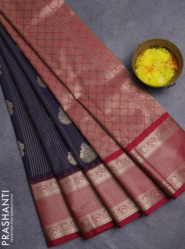 Semi kanchipuram silk saree navy blue and maroon with allover zari checks & buttas and temple design zari woven korvai border