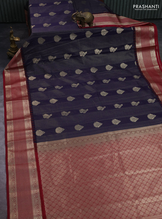 Semi kanchipuram silk saree navy blue and maroon with allover zari checks & buttas and temple design zari woven korvai border