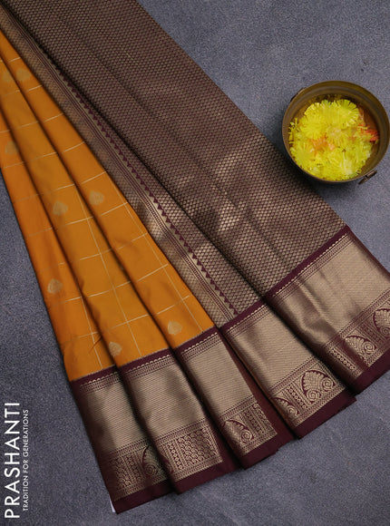 Semi kanchipuram silk saree mustard yellow and deep maroon with allover zari checks & buttas and zari woven korvai border