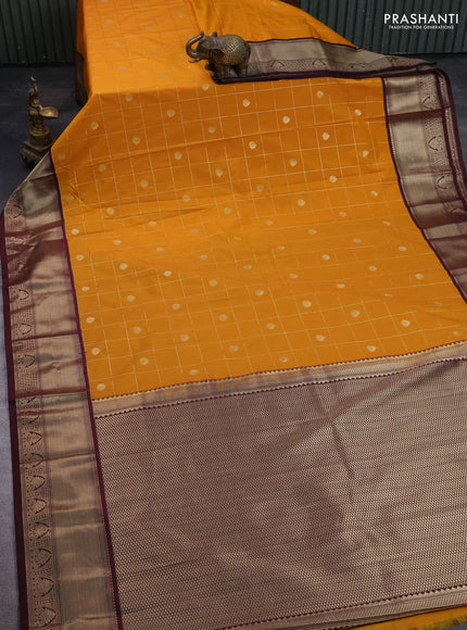 Semi kanchipuram silk saree mustard yellow and deep maroon with allover zari checks & buttas and zari woven korvai border