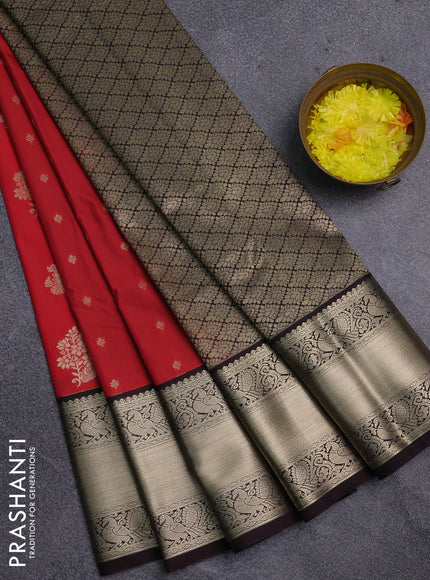Semi kanchipuram silk saree dual shade of pinkish red and coffee brown with zari woven buttas and zari woven korvai border