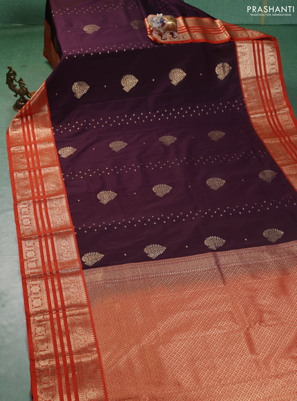 Semi kanchipuram silk saree wine shade and orange with allover zari wwoven buttas and long zari woven korvai border