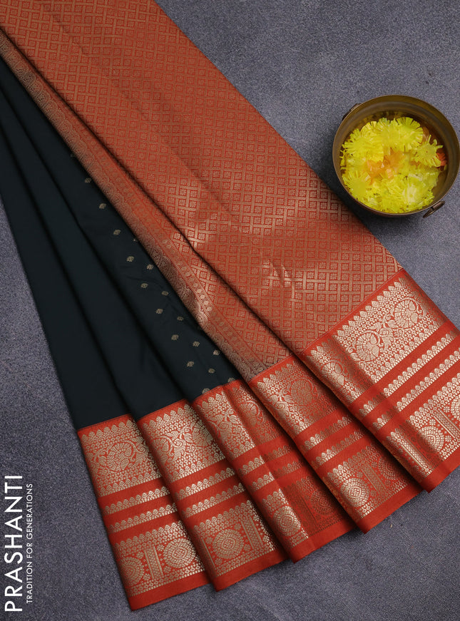 Semi kanchipuram silk saree bottle green and orange with allover zari wwoven buttas and long zari woven korvai border