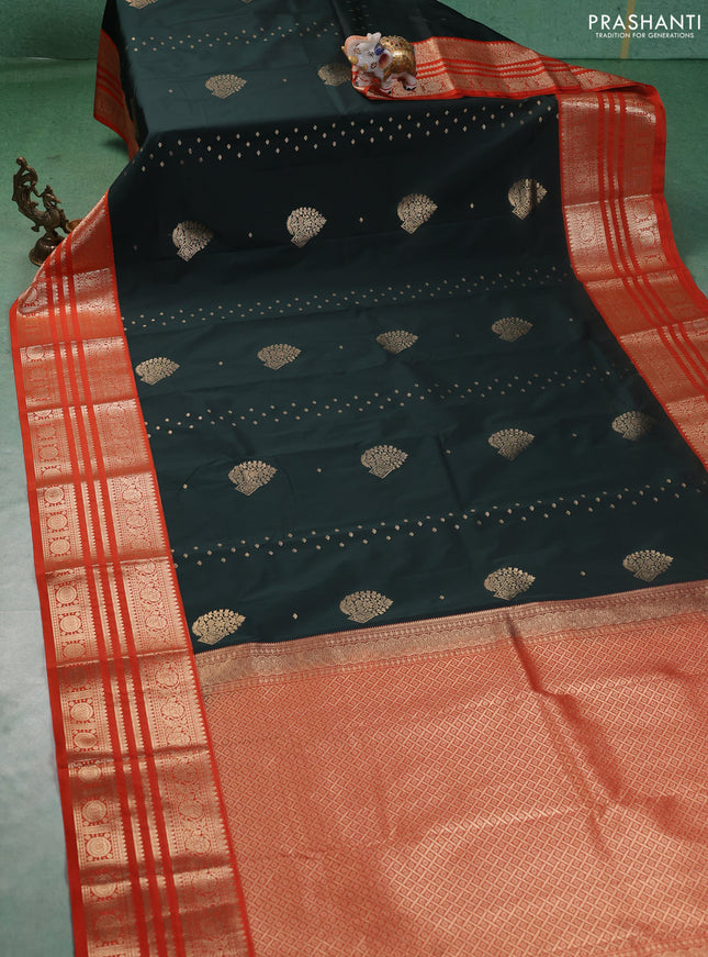 Semi kanchipuram silk saree bottle green and orange with allover zari wwoven buttas and long zari woven korvai border