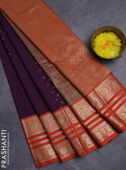 Semi kanchipuram silk saree purple and orange with allover zari wwoven buttas and long zari woven korvai border