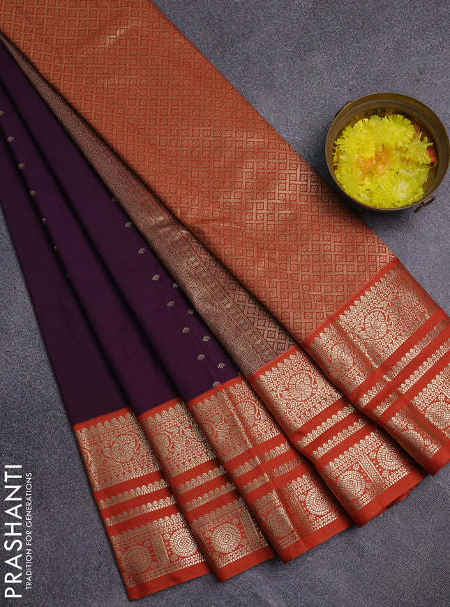 Semi kanchipuram silk saree purple and orange with allover zari wwoven buttas and long zari woven korvai border
