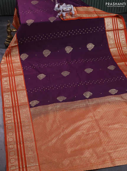 Semi kanchipuram silk saree purple and orange with allover zari wwoven buttas and long zari woven korvai border