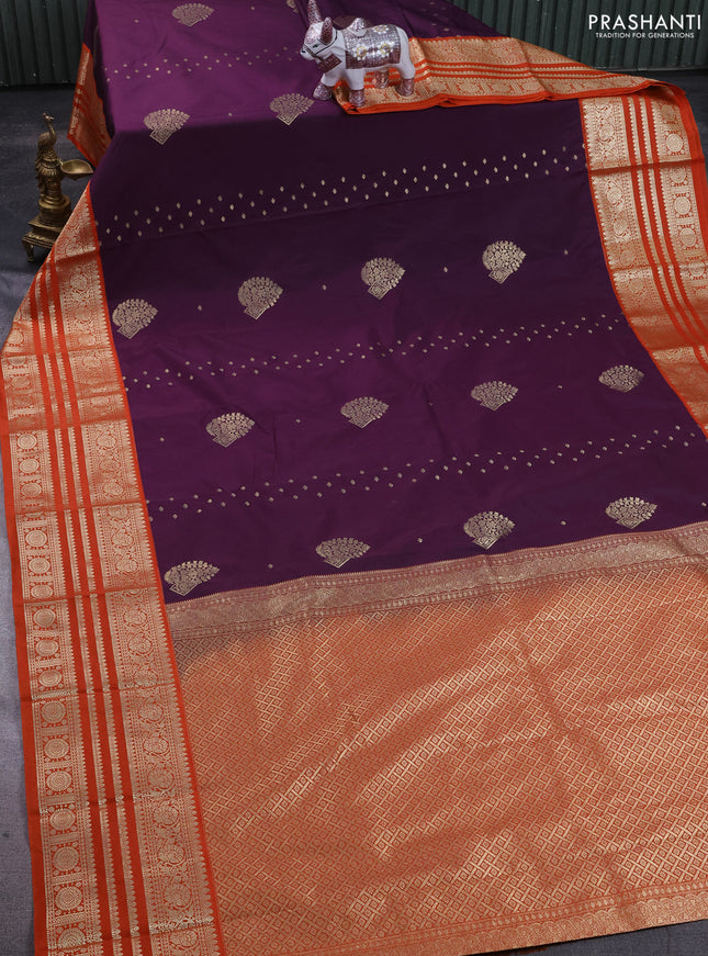 Semi kanchipuram silk saree purple and orange with allover zari wwoven buttas and long zari woven korvai border