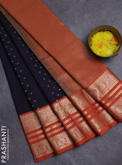 Semi kanchipuram silk saree navy blue and orange with allover zari wwoven buttas and long zari woven korvai border