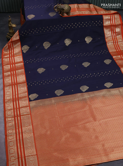 Semi kanchipuram silk saree navy blue and orange with allover zari wwoven buttas and long zari woven korvai border