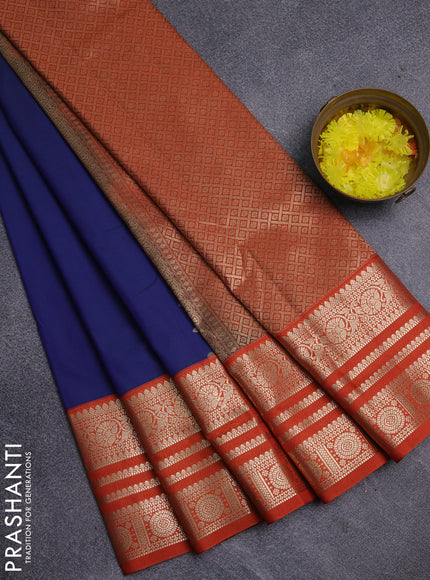 Semi kanchipuram silk saree blue and orange with allover zari wwoven buttas and long zari woven korvai border