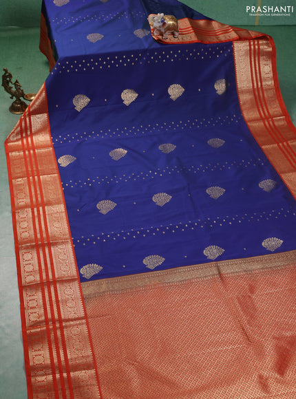 Semi kanchipuram silk saree blue and orange with allover zari wwoven buttas and long zari woven korvai border
