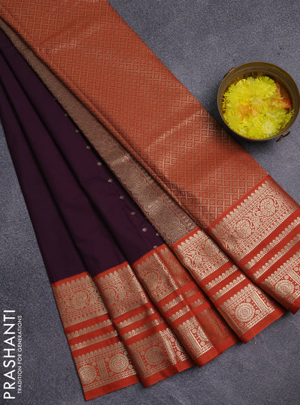 Semi kanchipuram silk saree wine shade and orange with allover zari wwoven buttas and long zari woven korvai border