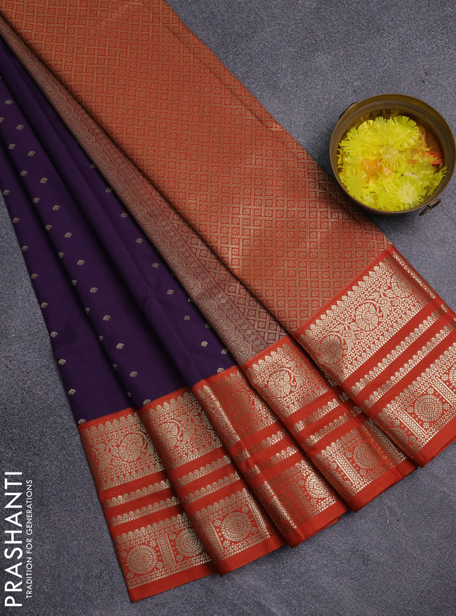 Semi kanchipuram silk saree purple and orange with allover zari wwoven buttas and long zari woven korvai border