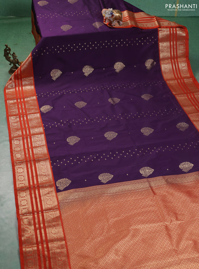 Semi kanchipuram silk saree purple and orange with allover zari wwoven buttas and long zari woven korvai border