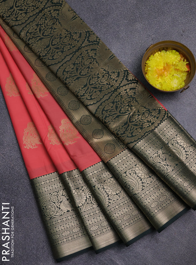 Semi kanchipuram silk saree peach pink and bottle green with annam zari woven buttas and long zari woven korvai border