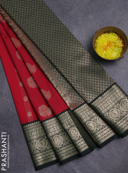 Semi kanchipuram silk saree tomato red and bottle green with allover zari weaves & buttas and long zari woven korvai border