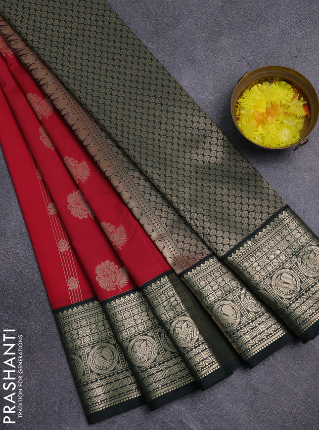 Semi kanchipuram silk saree tomato red and bottle green with allover zari weaves & buttas and long zari woven korvai border