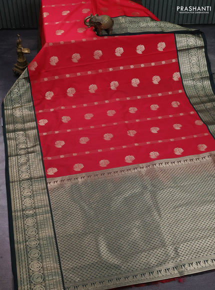 Semi kanchipuram silk saree tomato red and bottle green with allover zari weaves & buttas and long zari woven korvai border