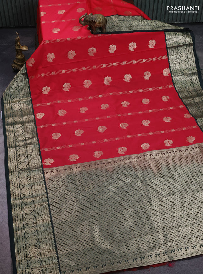Semi kanchipuram silk saree tomato red and bottle green with allover zari weaves & buttas and long zari woven korvai border