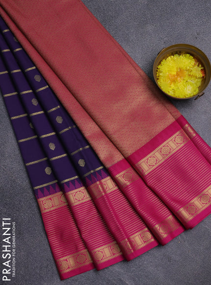 Semi kanchipuram silk saree violet and pink with allover zari weaves & buttas and temple design zari woven korvai border