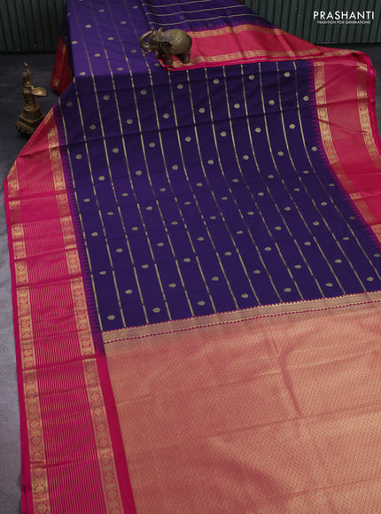 Semi kanchipuram silk saree violet and pink with allover zari weaves & buttas and temple design zari woven korvai border