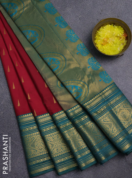 Semi kanchipuram silk saree red and green with zari woven temple buttas and long zari woven korvai border
