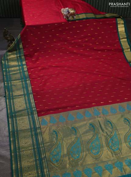 Semi kanchipuram silk saree red and green with zari woven temple buttas and long zari woven korvai border