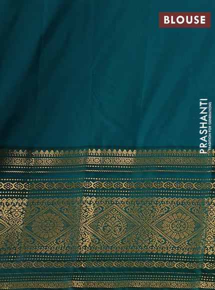 Semi kanchipuram silk saree red and green with zari woven temple buttas and long zari woven korvai border