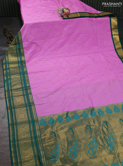 Semi kanchipuram silk saree lotus pink and teal green with zari woven temple buttas and long zari woven korvai border