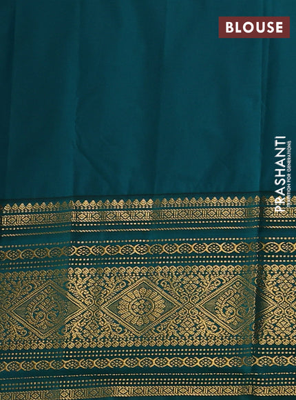 Semi kanchipuram silk saree lotus pink and teal green with zari woven temple buttas and long zari woven korvai border