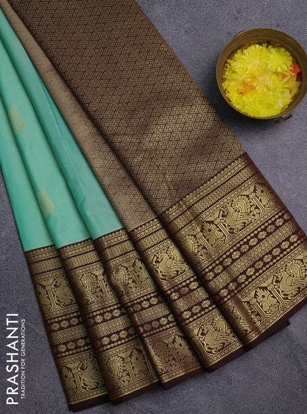 Semi kanchipuram silk saree teal blue and coffee brown with allover zari weaves & buttas and long zari woven korvai border