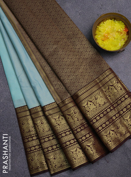Semi kanchipuram silk saree pastel blue and coffee brown with allover zari weaves & buttas and long zari woven korvai border