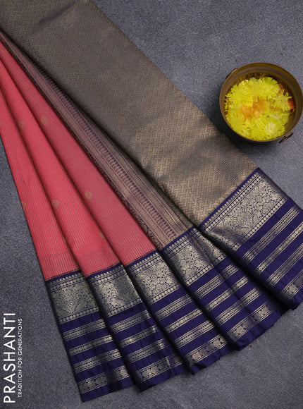 Semi kanchipuram silk saree pink and navy blue with allover small zari checks & buttas and long zari woven border
