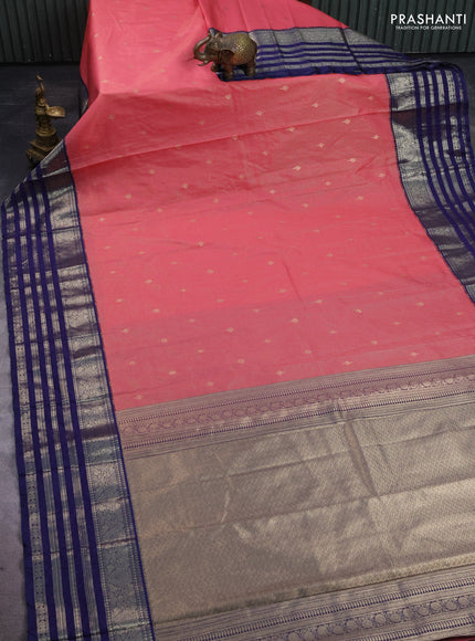Semi kanchipuram silk saree pink and navy blue with allover small zari checks & buttas and long zari woven border