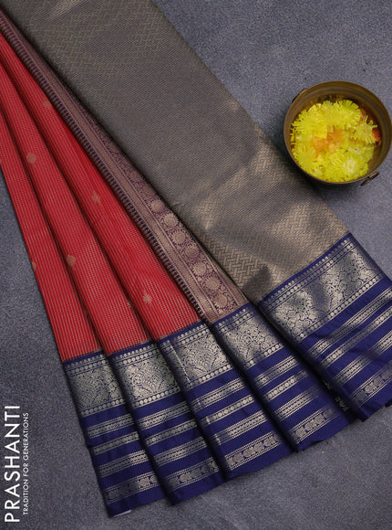 Semi kanchipuram silk saree red and dark blue with allover small zari checks & buttas and long zari woven border