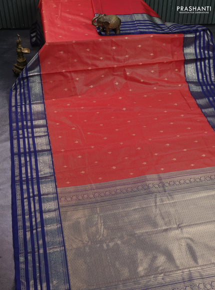 Semi kanchipuram silk saree red and dark blue with allover small zari checks & buttas and long zari woven border