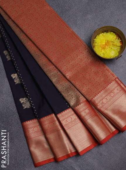 Semi kanchipuram silk saree navy blue and orange with allover self emboss & zari buttas and long zari woven korvai border