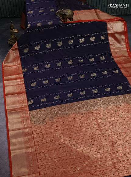 Semi kanchipuram silk saree navy blue and orange with allover self emboss & zari buttas and long zari woven korvai border