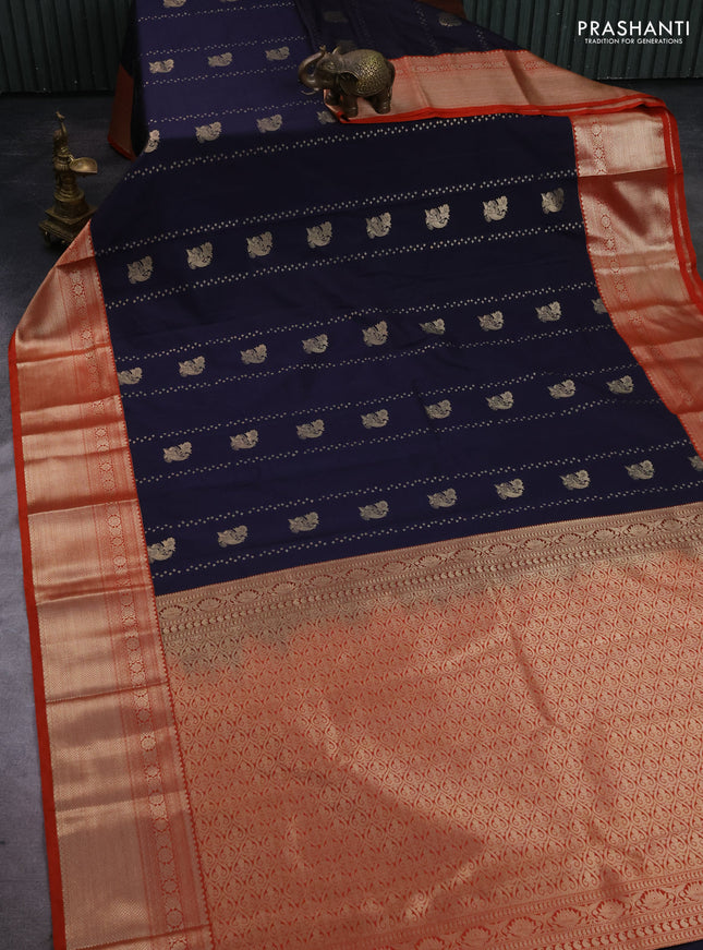 Semi kanchipuram silk saree navy blue and orange with allover self emboss & zari buttas and long zari woven korvai border