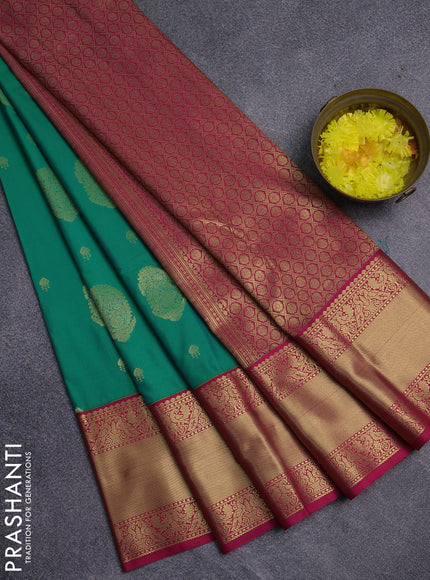Semi kanchipuram silk saree green and pink with zari woven buttas and long zari woven korvai border