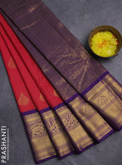 Semi kanchipuram silk saree reddish pink and violet with allover zari weaves & buttas and long zari woven korvai border