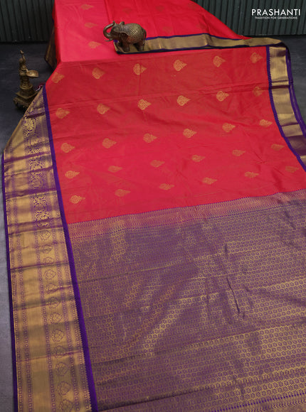 Semi kanchipuram silk saree reddish pink and violet with allover zari weaves & buttas and long zari woven korvai border