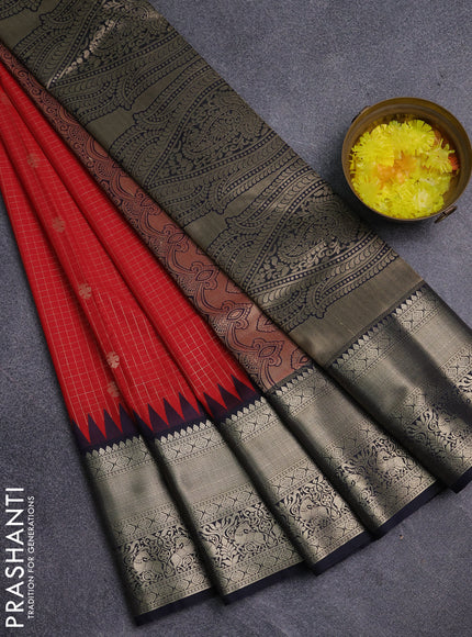 Semi kanchipuram silk saree red and navy blue with allover small zari checks & buttas and long zari woven border