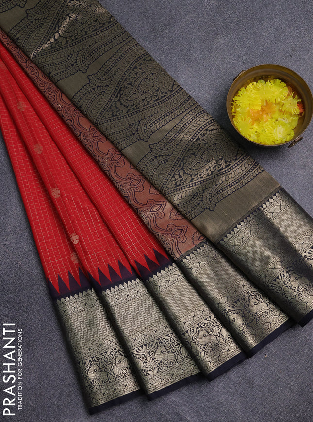 Semi kanchipuram silk saree red and navy blue with allover small zari checks & buttas and long zari woven border