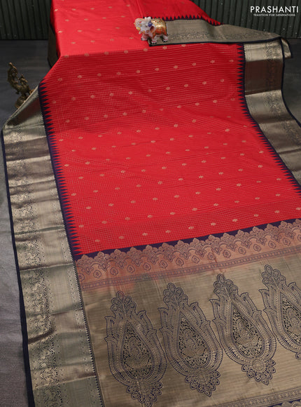 Semi kanchipuram silk saree red and navy blue with allover small zari checks & buttas and long zari woven border