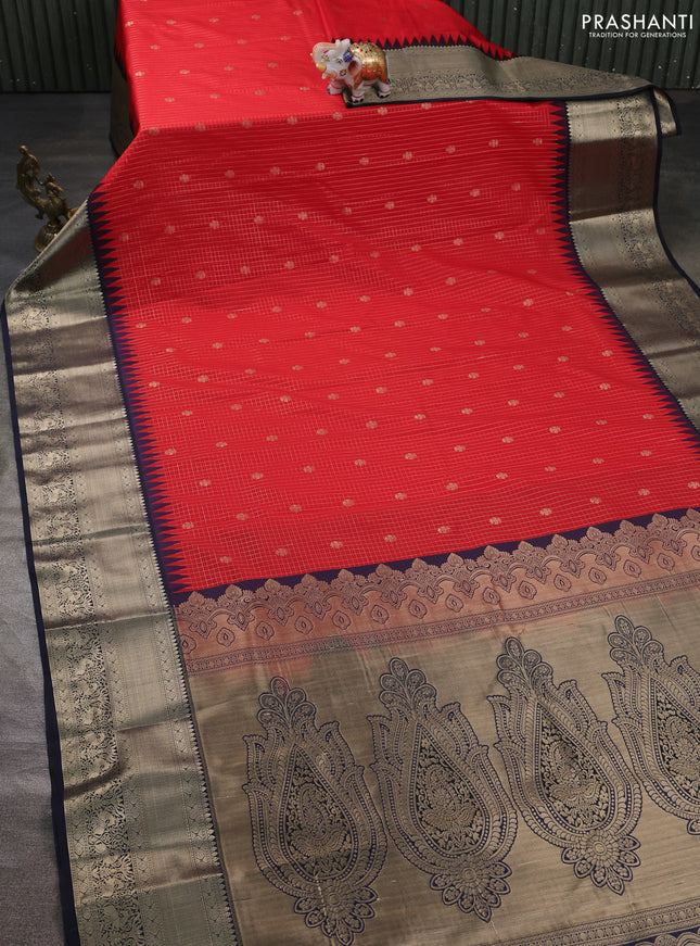 Semi kanchipuram silk saree red and navy blue with allover small zari checks & buttas and long zari woven border