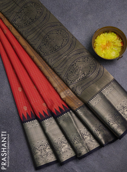 Semi kanchipuram silk saree dual shade of pinkish orange and navy blue with allover small zari checks & buttas and long zari woven border