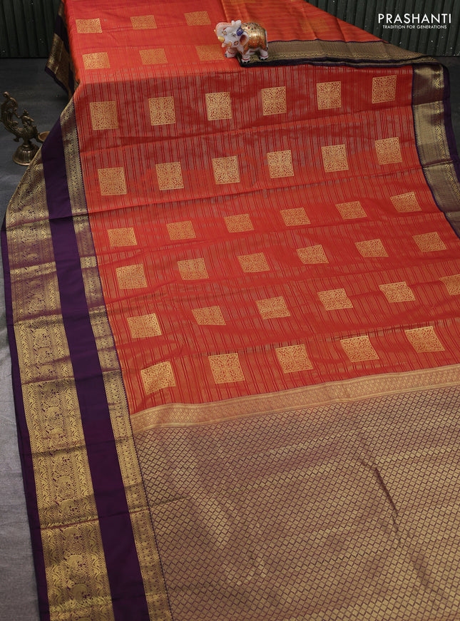 Semi kanchipuram silk saree rust shade and pueple with allover zari weaves & buttas and long rettapet zari woven korvai border