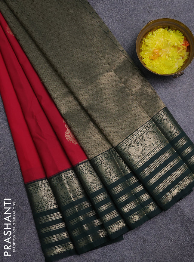 Semi kanchipuram silk saree pink and green with zari woven buttas and long zari woven korvai border